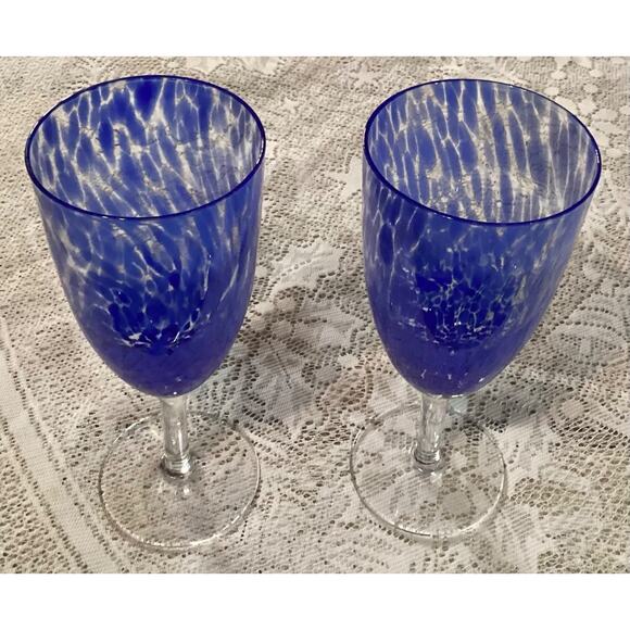 Set of 2 Degas Art Glass Wine - Water Glasses by Block Blue Swirled Blown - Picture 2 of 10